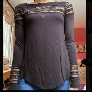 Free People Black Long Sleeve Mesh Stripe Detail